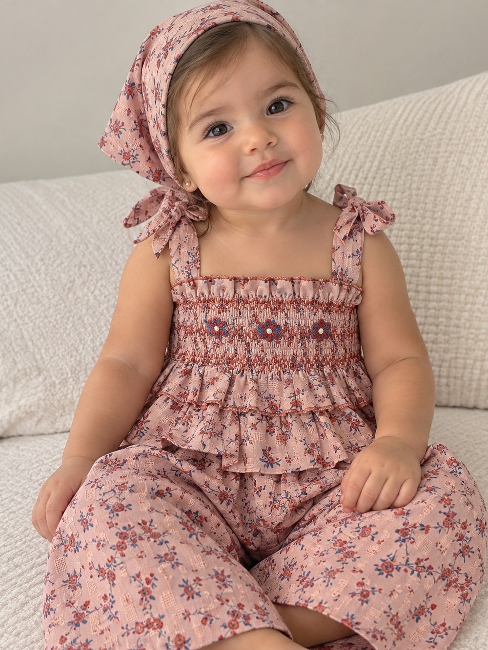 Girls Pink Floral Two-Piece Set with Smocked Top